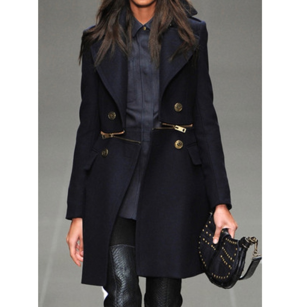 Wool Dark Navy Zip Waist Pea Coat Crop Jacket XS